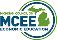 Image of Michigan with the letters MCEE representing Michigan Council for Economic Education