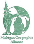 Green image of a globe with michigan and trees.  Text:  Michigan Geographic Alliance